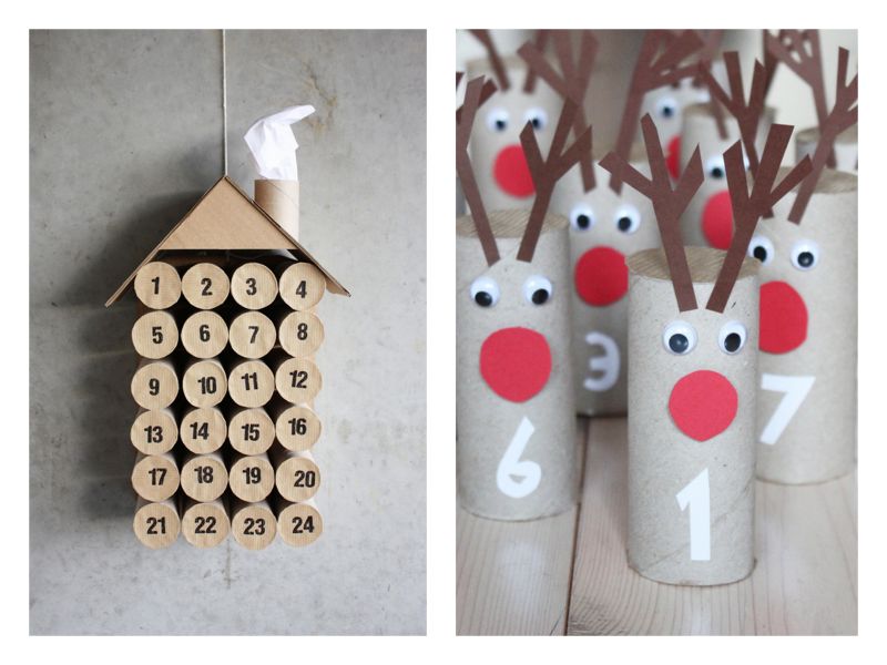 Adventskalender lavet af ruller fra toiletpapir